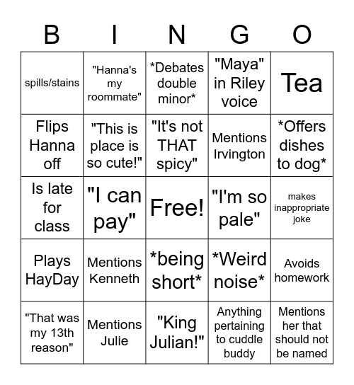 Chloe Being Chloe Bingo Card