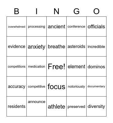 A Show of Strength Bingo Card
