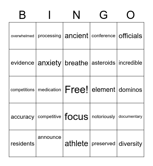 A Show of Strength Bingo Card