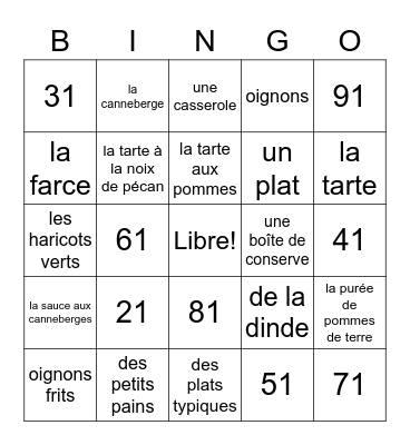 Vocabulaire de Thanksgiving 1 Bingo Card