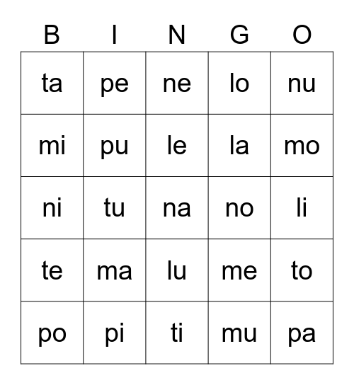 Silben Bingo Card