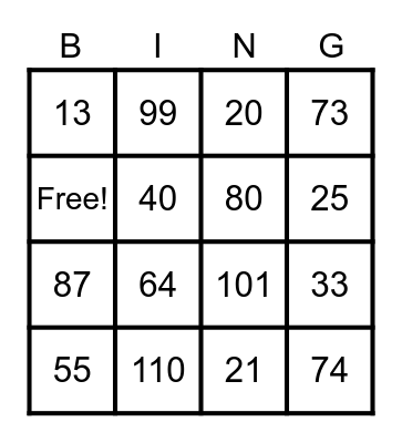 Number Bingo Card