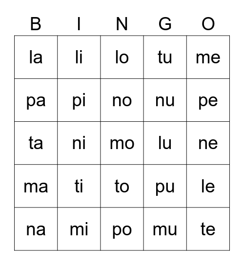 Silben Bingo Card