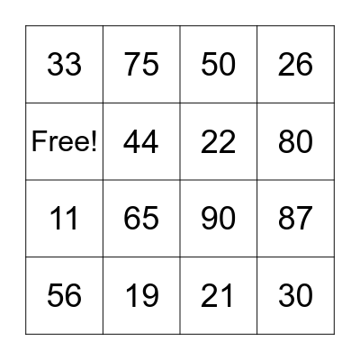 Number Bingo Card