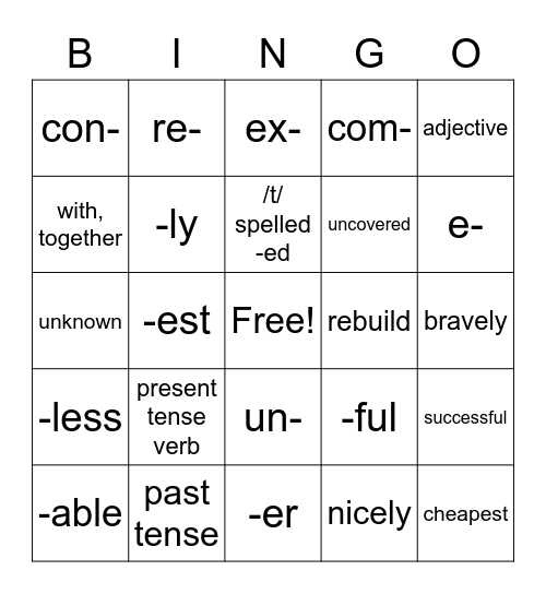 Morphology 1  Bingo Card