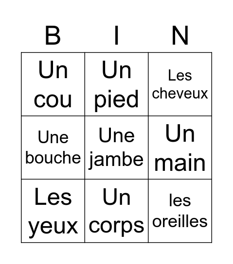 Les Parties du Corps Bingo Card