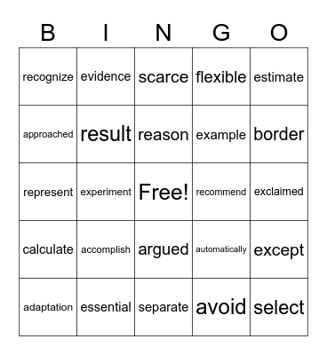 Vocabulary Bingo Card