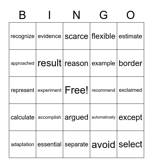 Vocabulary Bingo Card