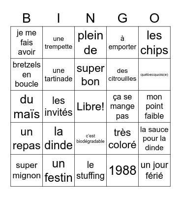 Vocabulaire du Thanksgiving 2 Bingo Card
