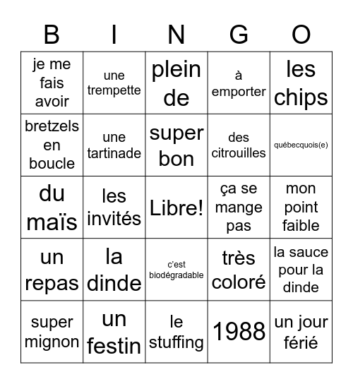 Vocabulaire du Thanksgiving 2 Bingo Card