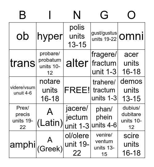 Prefix/Roots Bingo Card