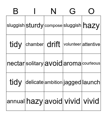 Vocabulary Review  Bingo Card