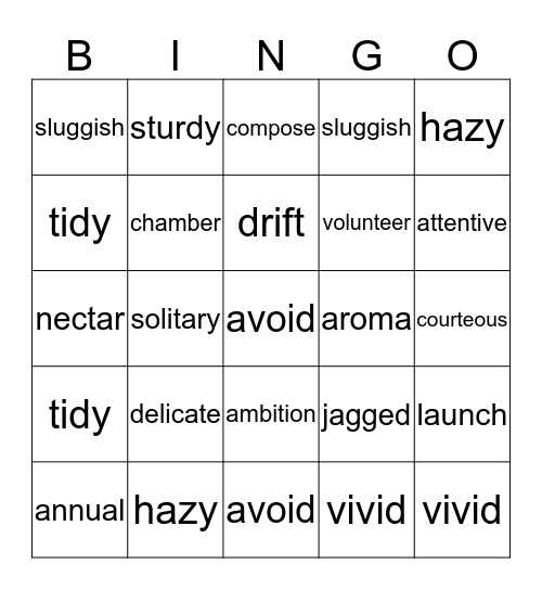 Vocabulary Review  Bingo Card