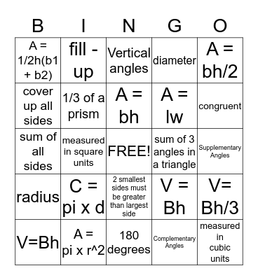 Geometry Formula Bingo Card