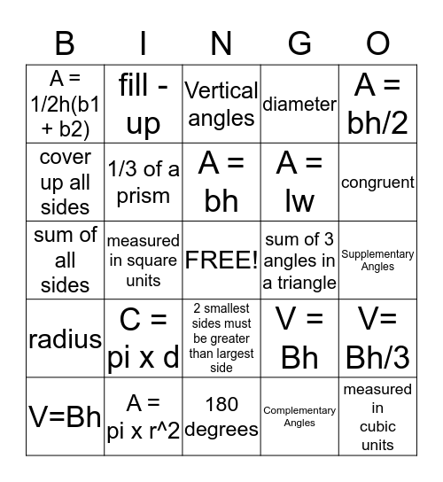 Geometry Formula Bingo Card