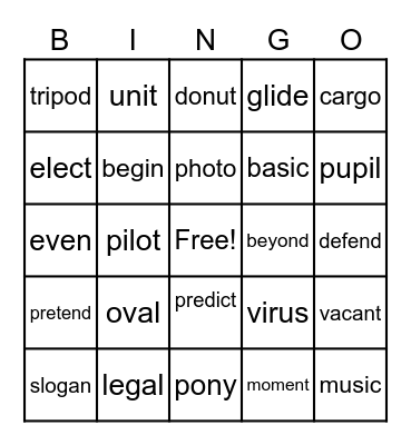 Open Syllable Bingo Card