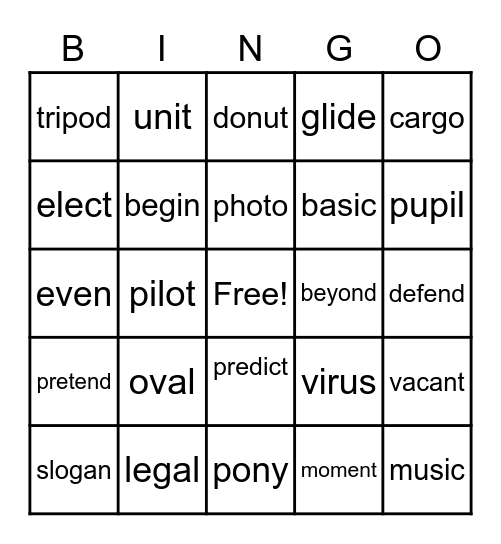 Open Syllable Bingo Card