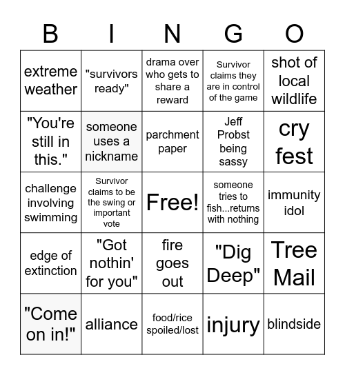 Survivor Bingo Card