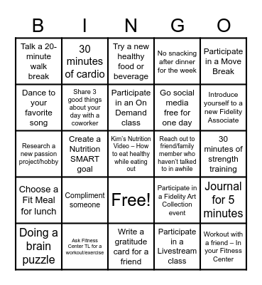 Fitness Bingo Card