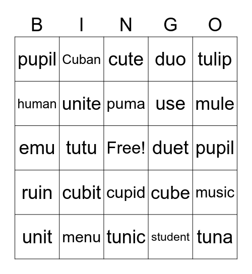 U says /u/ & /oo/ Bingo Card