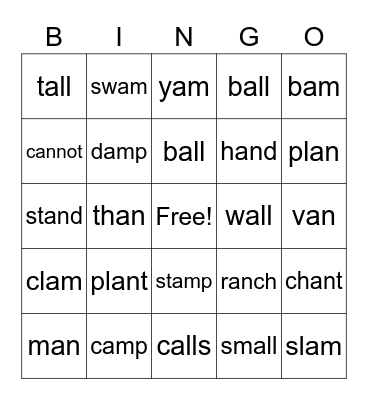 Glued Sounds (am, an, all) BINGO Card