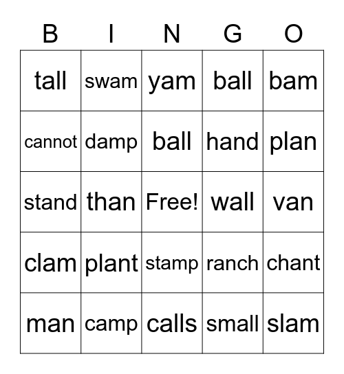 Glued Sounds (am, an, all) BINGO Card