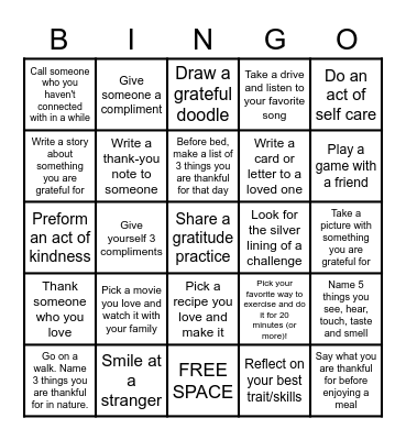 Gratitude Bingo Card
