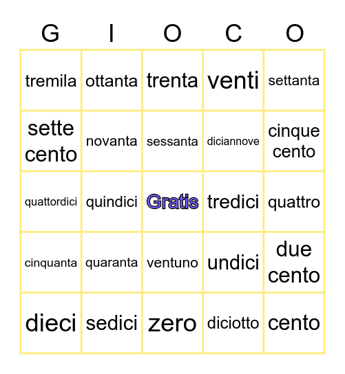 TOMBOLA - i numeri Bingo Card