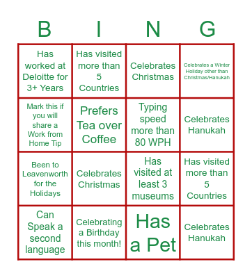 Holiday and Get to Know One Another Bingo! Bingo Card