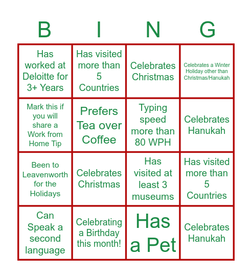 Holiday and Get to Know One Another Bingo! Bingo Card