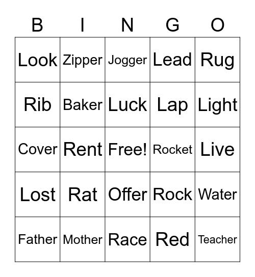 ER/L/Initial R Bingo Card