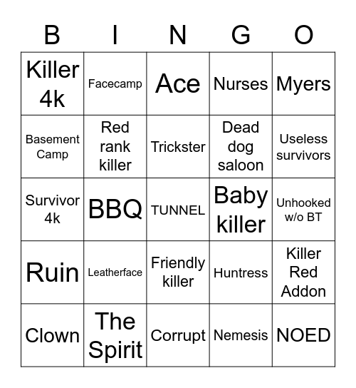 Dead by Daylight Bingo Card