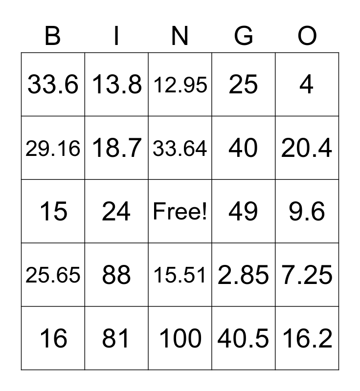 Area of Rectangle and Triangle Bingo Card