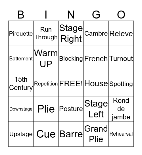 Dance Vocabulary Bingo Card