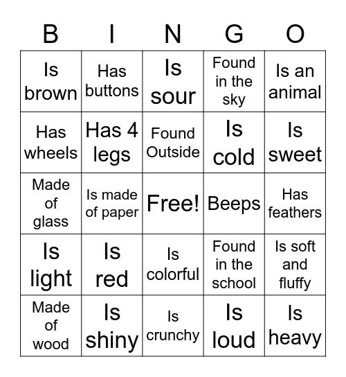 Description words Bingo Card