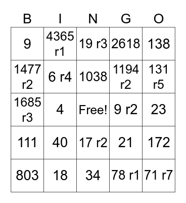 Bingo Baker Division Bingo Card