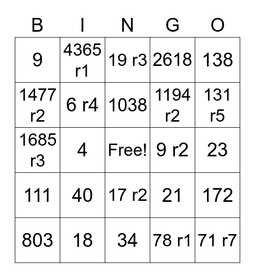 Bingo Baker Division Bingo Card