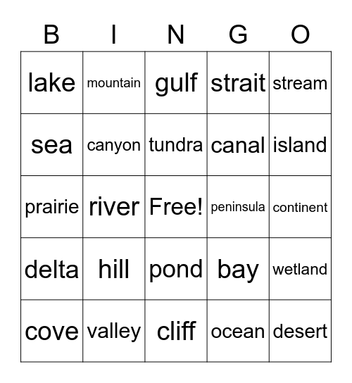 Landform Bingo Card