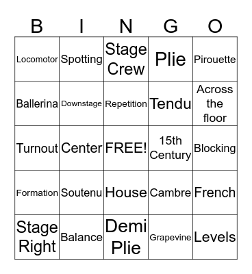 Dance Vocabulary Bingo Card