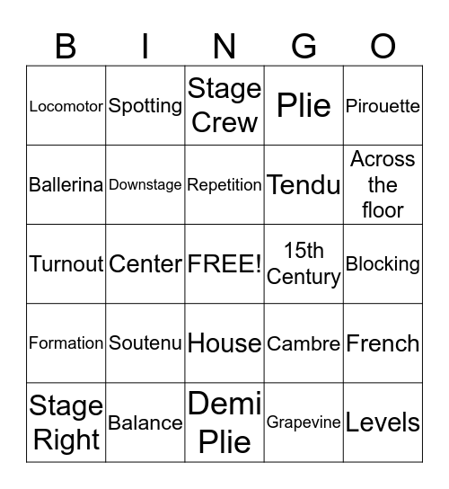 Dance Vocabulary Bingo Card