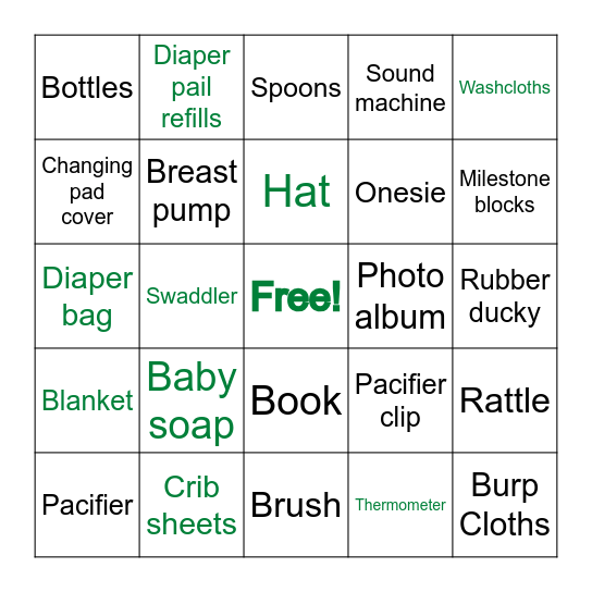 Baby Shower Bingo! As gifts are opened, mark any matches! Bingo Card