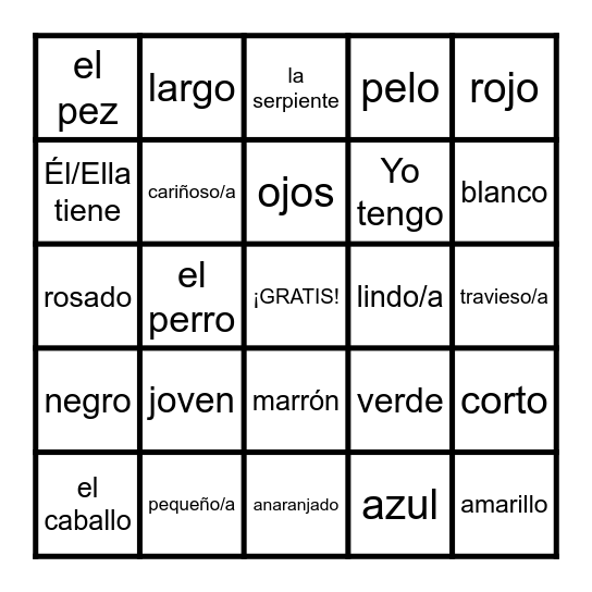 🐶🐱Mascotas, descripciones, colores🎨 Bingo Card