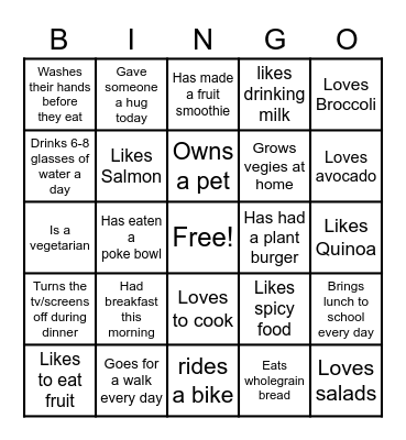 Healthy Living Bingo Card