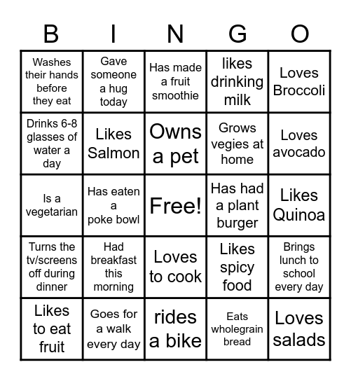 Healthy Living Bingo Card