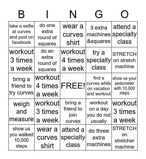 Curves Bingo Card