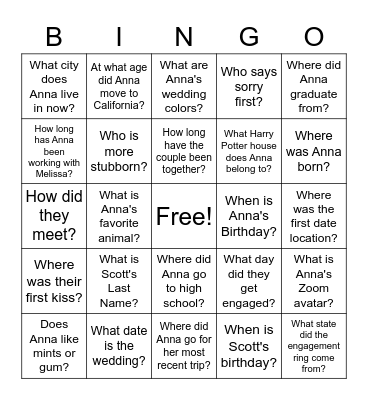 Get to know Anna and Scott Bingo Card