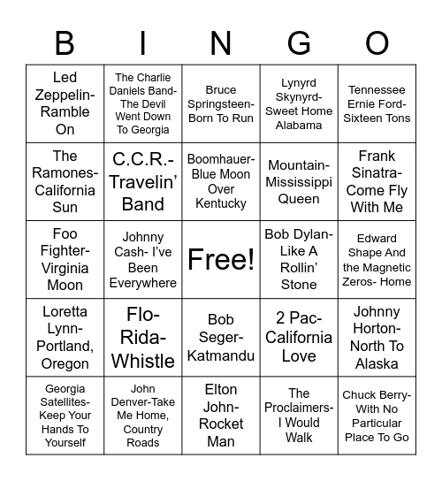 Total Quiz Presents Radio Bingo Holiday Travel Songs Bingo Card