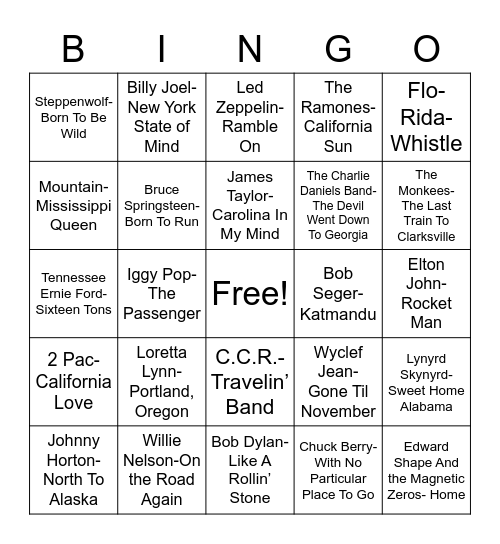 Total-Quiz.com Presents Radio Bingo: Holiday Travel Songs Bingo Card