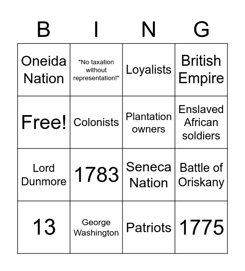 U.S. Revolutionary War Bingo Card