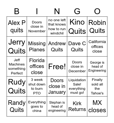 End of the road Bingo Card